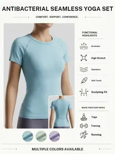 42001TX – Women's seamless sports T-shirt, quick-drying, short sleeves, slim fit, crew neck, dropped shoulders, breathable textured fabric that absorbs moisture, high elasticity; casual athletic top suitable for fitness and slow running