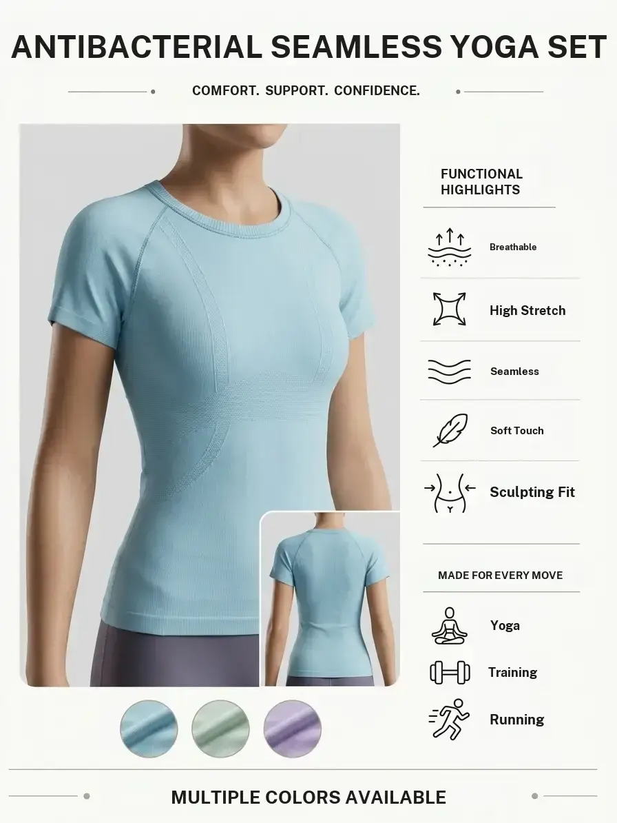 42001TX – Women's seamless sports T-shirt, quick-drying, short sleeves, slim fit, crew neck, dropped shoulders, breathable textured fabric that absorbs moisture, high elasticity; casual athletic top suitable for fitness and slow running