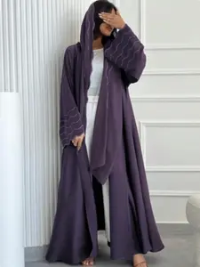 Hafizah Simple Line Embroidered Long Cardigan Set, Flowy Outerwear + Headscarf Two-Piece Set, Daily Commute Elegant Women's Clothing