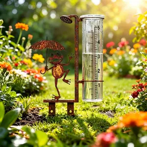 Metal Frog Rain Gauge, Vintage Rustic Iron Garden Stake with Glass Measuring Cup, Decorative, Charming and Practical Outdoor Water Meter