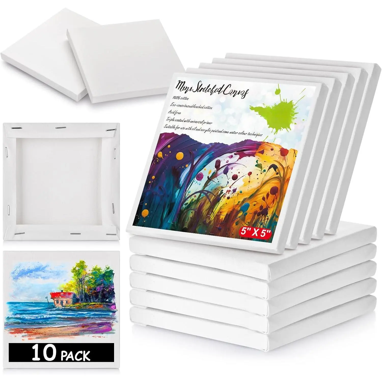 10 count Mini Canvases for Painting – 5 x 5 in Bulk Small Square Stretched Canvases, 2/5 in Thick Blank Canvas for Students, Art Supplies, School &  Crafts