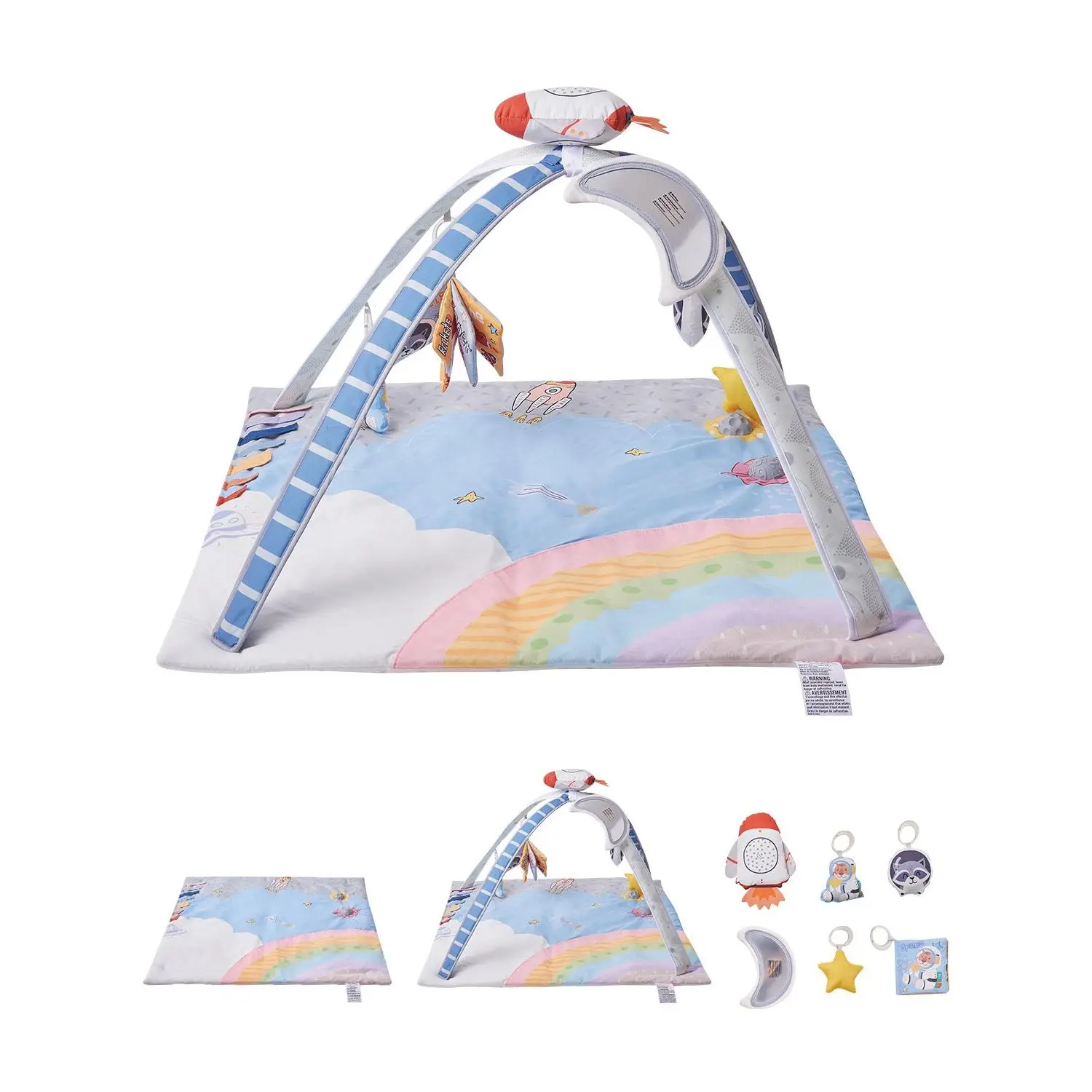 VEVOR Baby Play Gym Mat, Tummy Time Mat with 6 Sensory Toys, Baby Activity Mat with Light-up Musical Rocket Toy for 0-18 Month Newborn Infant, Baby Essential Gift for Sensory Motor Skill Development