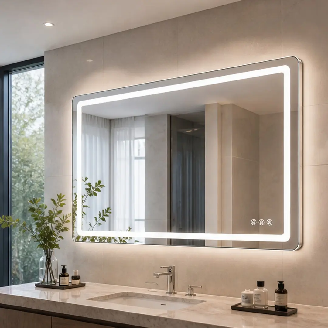 ARCH 48x24 Inch LED Bathroom Mirror, Wall-Mounted Vanity Mirror with Backlit, Three-Color Dimmable Lighting, Anti-Fog Defogger, Corrosion-Resistant Explosion-Proof Glass, Silver Finish for Bathroom Makeup Grooming, Silver Color Options