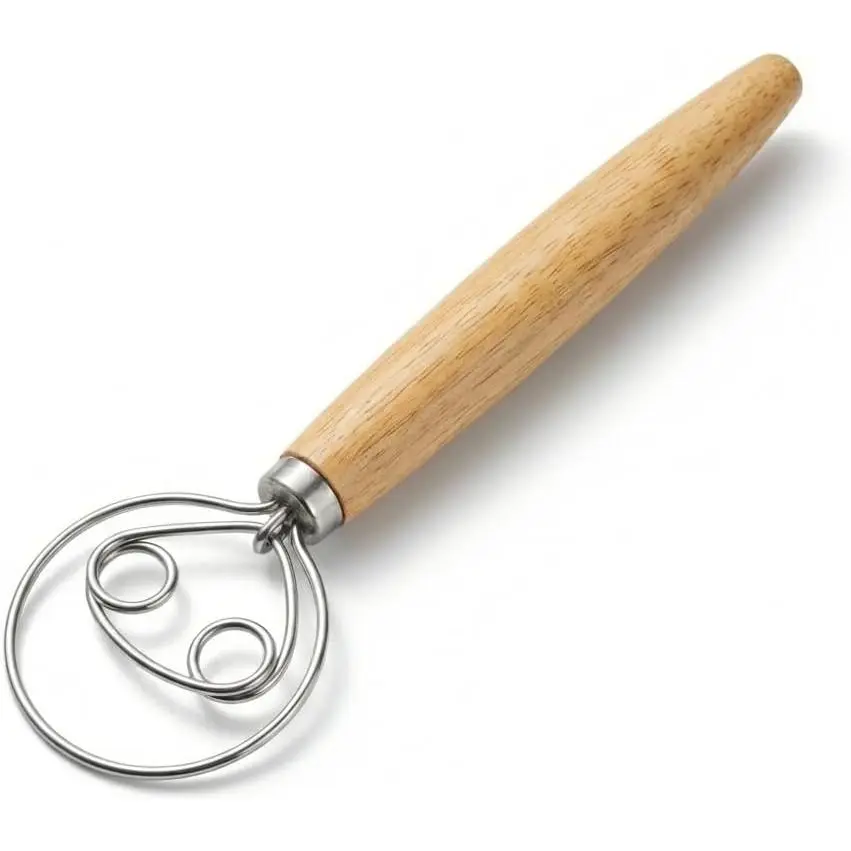 Danish Dough Whisk for Sourdough Bread, Stainless Steel Bread Whisk | Comfortable Wooden Handle,  Wire Construction, Ideal for Thick Dough, Batter, Pizza, Pastry & Starter