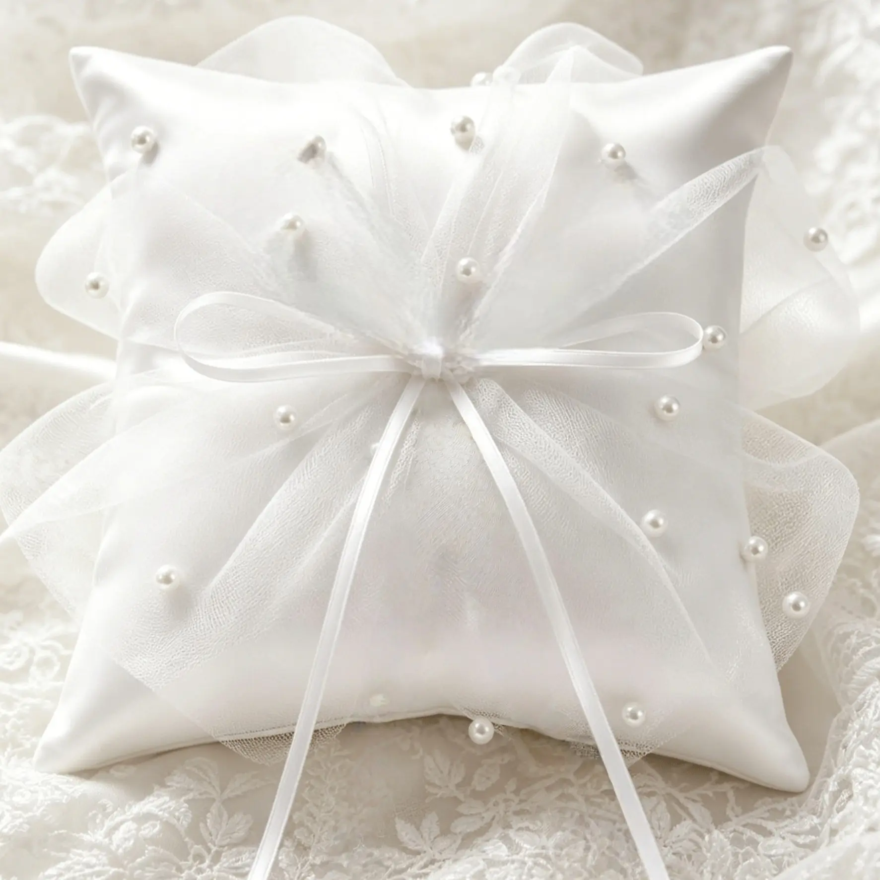 Wedding Ring Pillow, 7.87 Inch Elegant Silk Pearl Ivory Color Ring Cushion, Satin Bow Ring Pad, Ideal for Engagement, Party, Anniversary