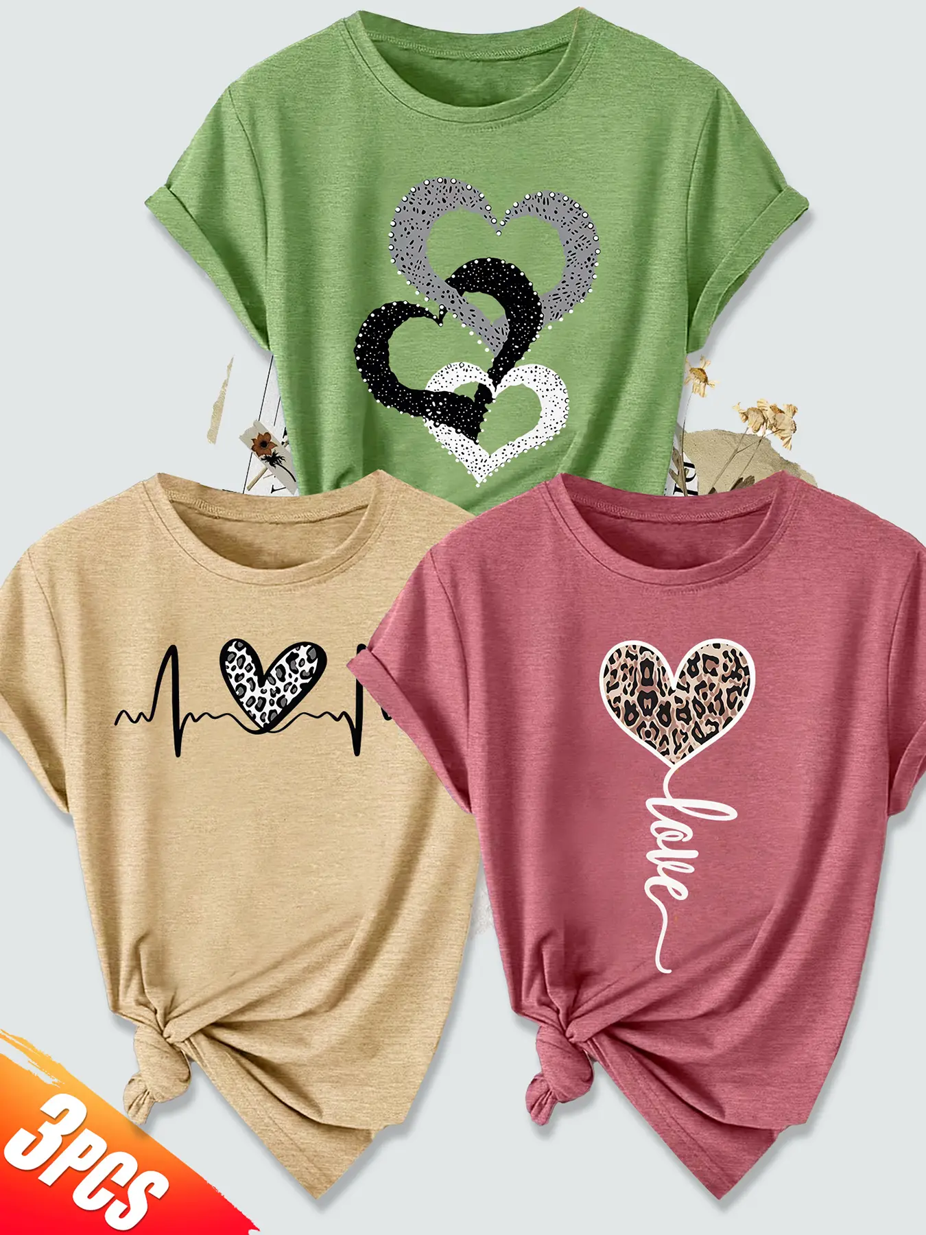 3Pcs Soft Crew Tee, Leopard Heartbeat Love Minimal Heart Print, soft all-match Casual summer tee