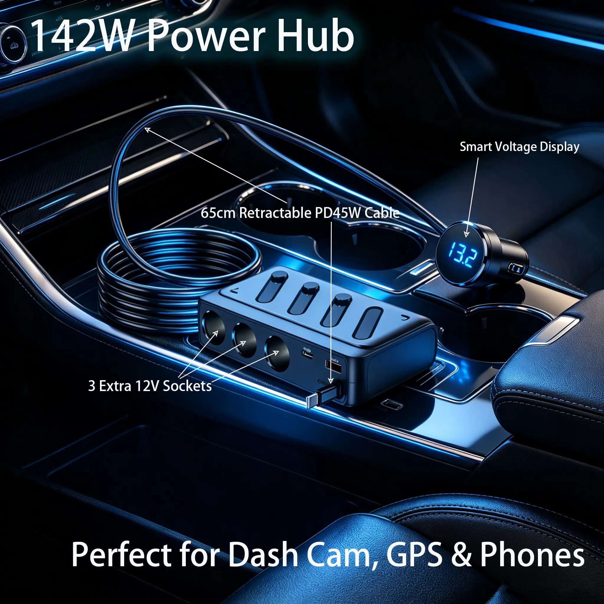 142W 3-Socket Cigarette Lighter Splitter with 65cm Retractable PD45W Cable, Multi USB Car Charger Station with Real-Time Voltage Display, 12V-24V Road Trip Essentials for GPS, Dash Cam, Phone