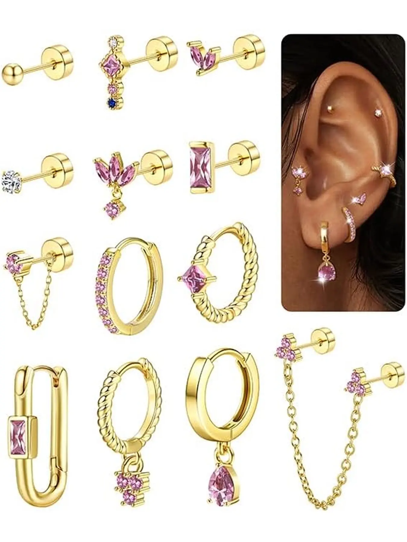 Stud Earrings Small Gold Hoop Earrings Set Women Flat Back Earring Hypoallergenic Cartilage Earring Lightweight Dainty 14K Gold Stud Earrings for Multiple Piercing Set (Single 13 PCS)