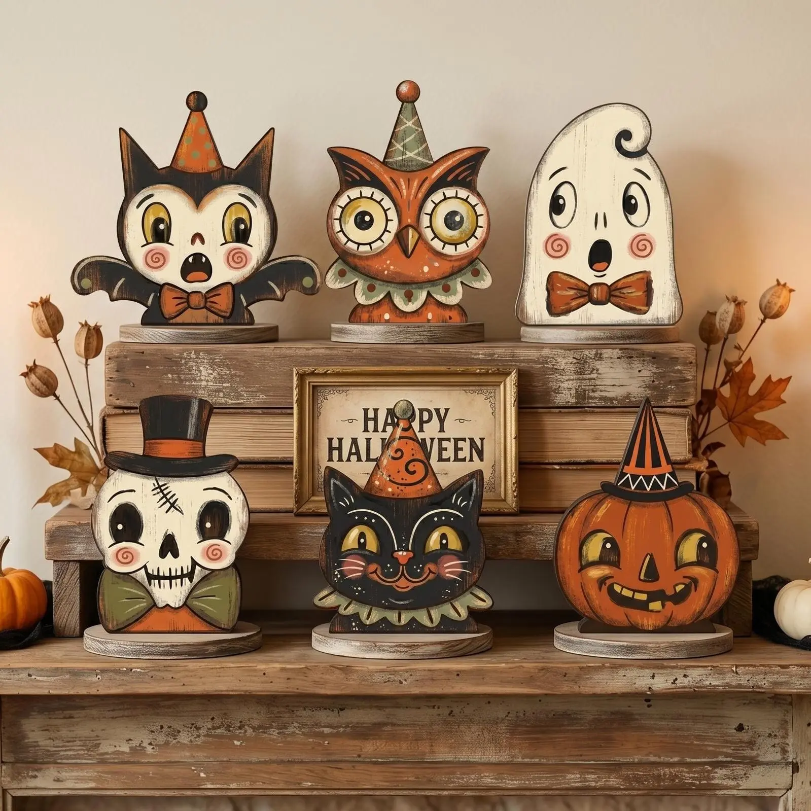 Vintage Halloween Indoor Decorations, Fall Seasonal Gift Ornaments, Retro Wooden Blocks for Shelf Decoration, Ghosts, Cats, Pumpkins, Skulls, Witches, Cats, Owls, Zombies, Vampires
