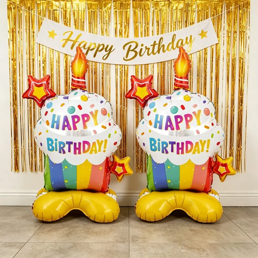 2 Standing Base Cupcake Foil Balloons Happy Birthday Print Birthday Party Decoration Anniversary Decoration Balloons for children, girls, boys, men and women  birthday parties Birthday Decorations