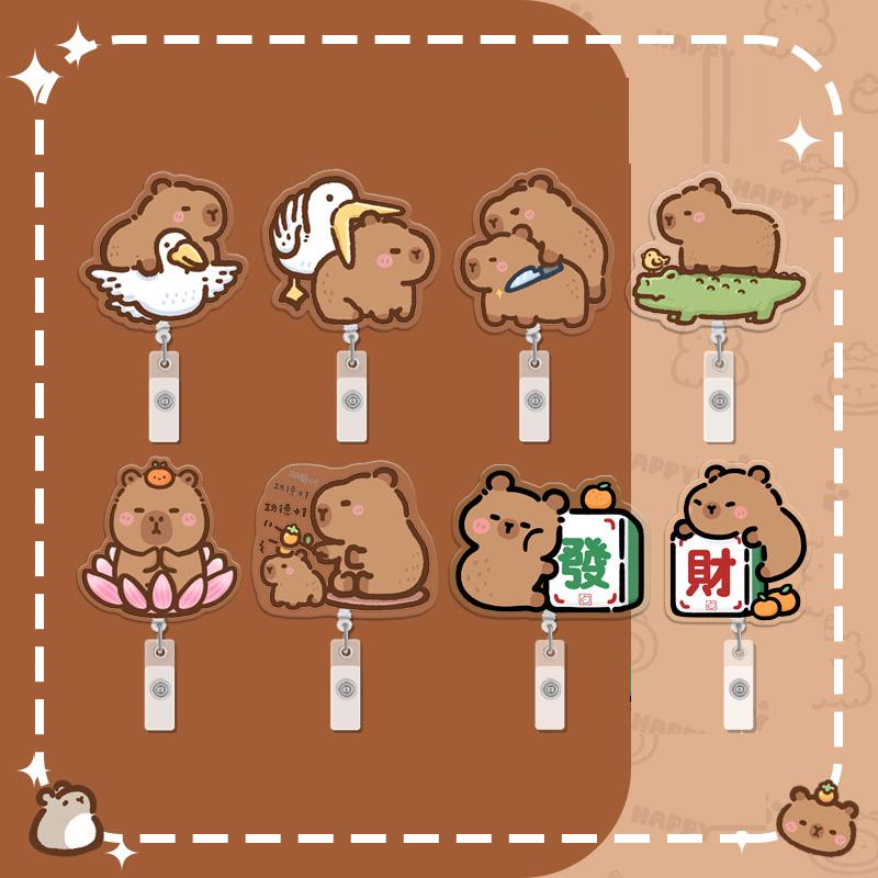 8-piece cartoon capybara badge reel, retractable, with rotating alligator clip, extendable badge clip, suitable for students, teachers, office workers (semi-transparent)
