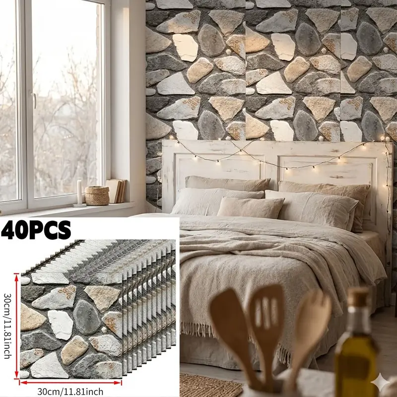 40 Pcs Stone Texture Self-Adhesive Wall Panels, Waterproof Removable Decorative Wall Boards, Ideal for Living Room Bedroom Hotel Office