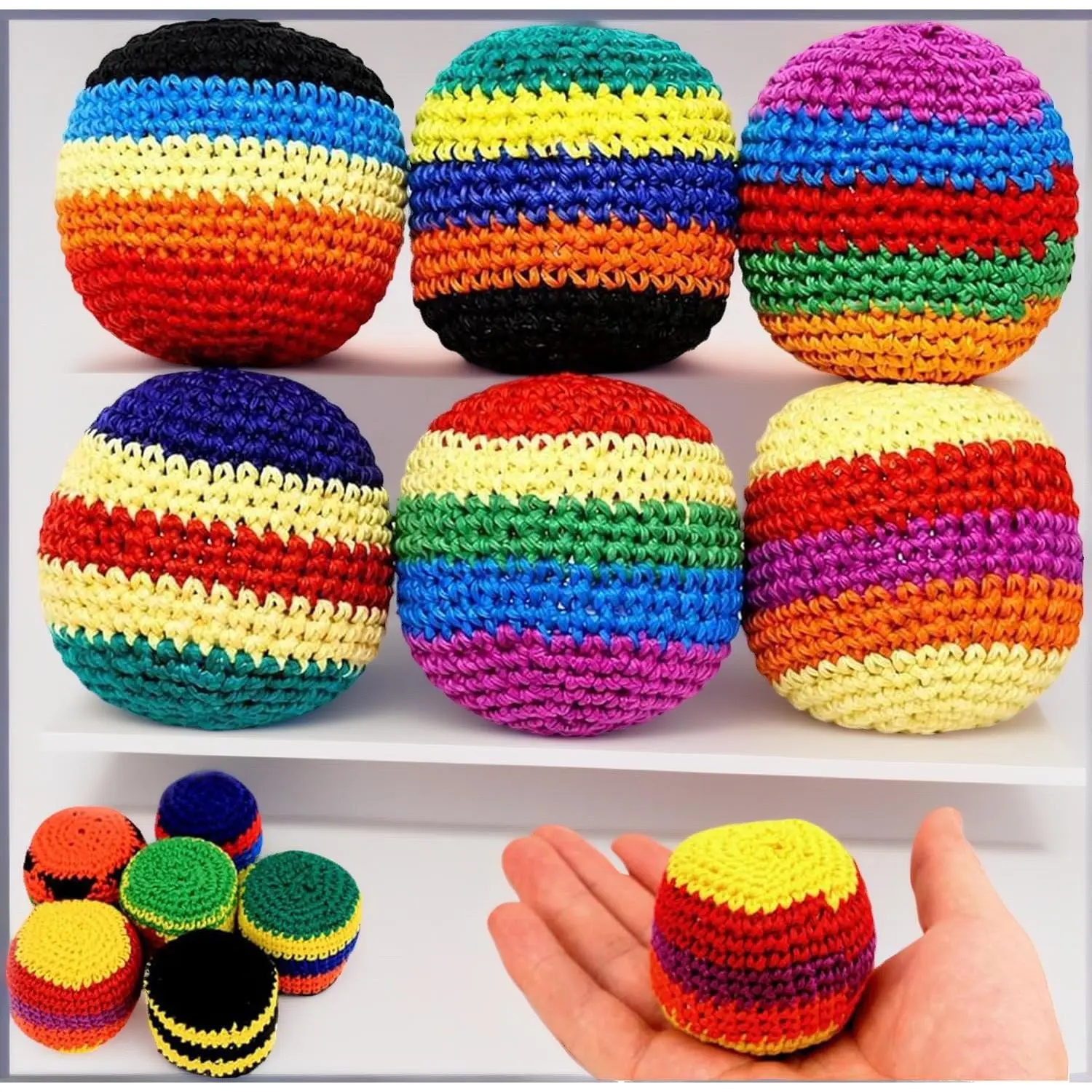 2026 Upgraded Handmade Knit Footbags & 1-Size Crochet Juggling Balls for Beginners, Multicolor Geometric Pattern, Ready-to-Use Universal Single Size Adults' Toy, One Size