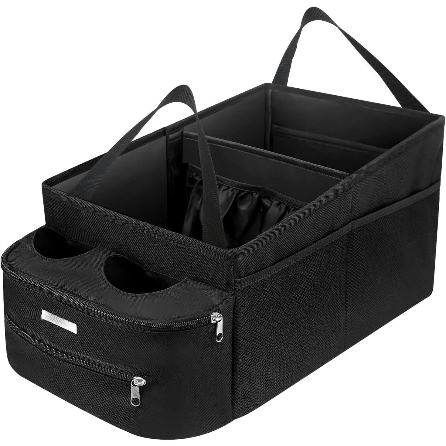 Front Seat Organizer for Van/Auto, Oxford Cloth Foldable Seat Storage with Partitions, 4 Cup Holders, 18x10x9 Inch Compact Fold, Practical Easy-Attach Firm Fixing for Car Interior Storage Space