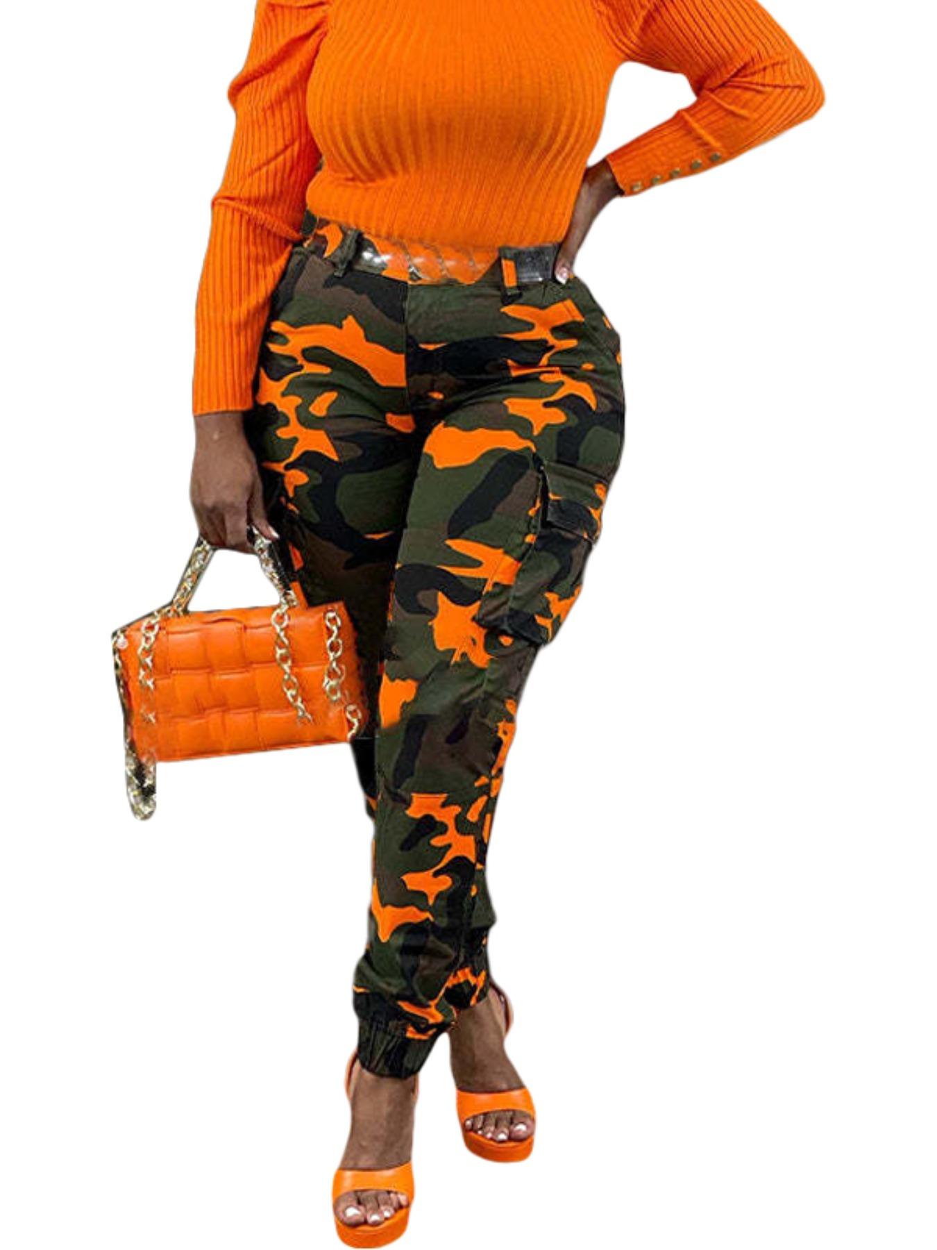 Women's Camo Print Camouflage Button Fly Cargo Pants, Casual Pocket Design Trousers for Daily Wear, Ladies Bottoms for Fall & Winter, Womenswear, Casual Fashion Trousers, Casual Comfy Stretch, Casual Chic Trousers