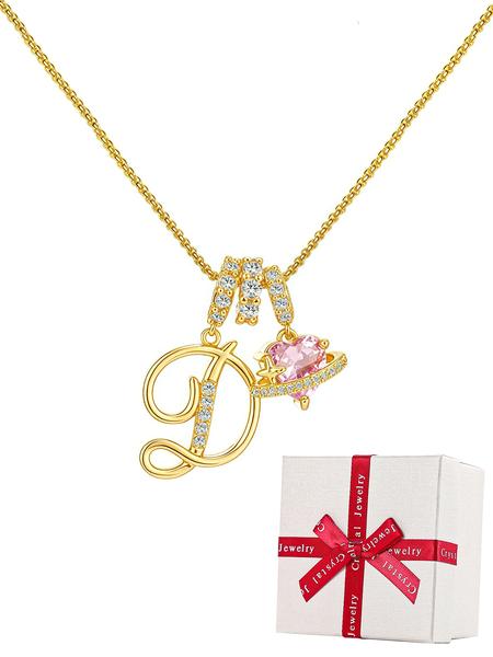 Initial Letter Heart CZ Birthstone Necklace With Rose Jewelry Gift Box, 18K Gold Plated Alphabet Pendant Necklace for Women, Birthday Christmas Jewelry Gift for Women Girl Wife Daughter Love Necklace