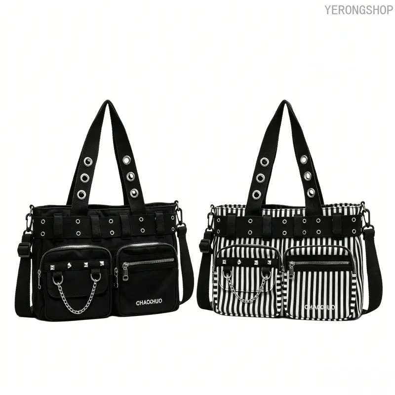 Women's Punk Multi-Pocket Tote Crossbody Bag - Adjustable Strap, Dual Tote & Crossbody Carrying Ways, High-Capacity Secure Zipper Shoulder Purse, Versatile Casual Handbag, Ideal Valentine’s Day Gift for Her, Perfect for Commute & Shopping, Chic, No