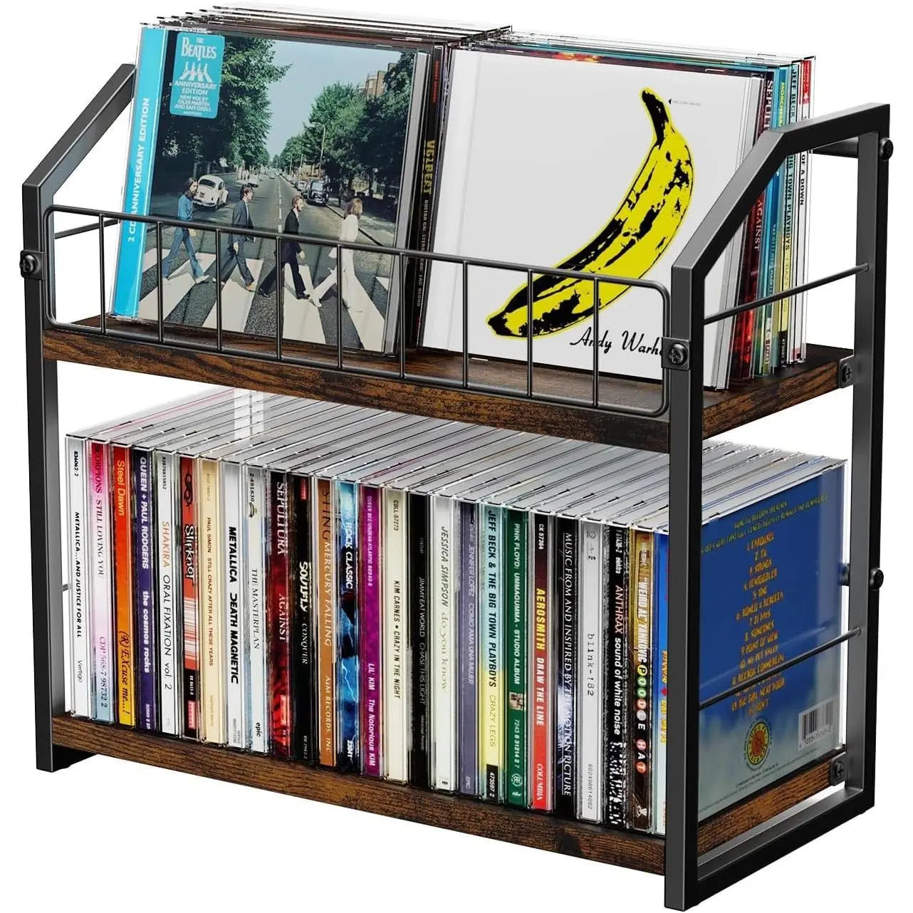 2-Tier Brown CD Storage Rack, Clear CD Holder Organizer with Non-slip Feet & Top Display Shelf, Holds Up to 60 Standard Jewel Cases, Premium CD Shelf for Home Office