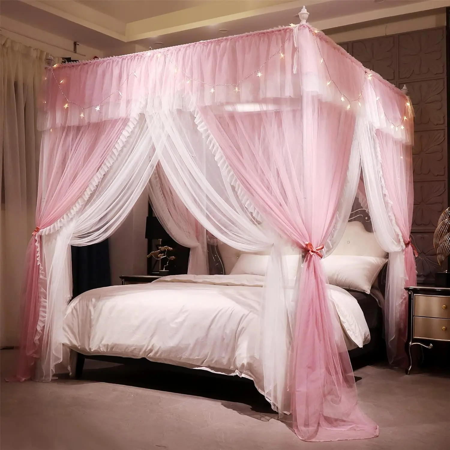 4 Corners Post Ruffle Princess Bed Canopy Curtain Double Layer Cozy Drape Netting 4 Opening Mosquito Net for Girls Adults Bedroom Decoration Pink/Whtie 53" W*78" L*82" H(Full)