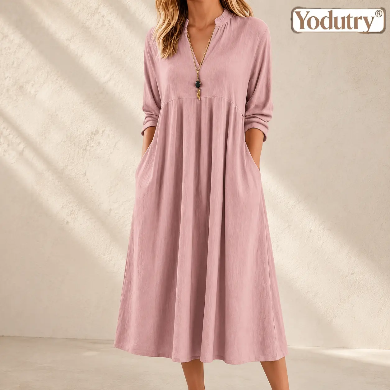 Yodutry Women's Casual V Neck 3/4 Sleeve Shift Dress Relaxed Fit Plain Tunic Dress Comfort Summer Knee Length Dress with Pockets