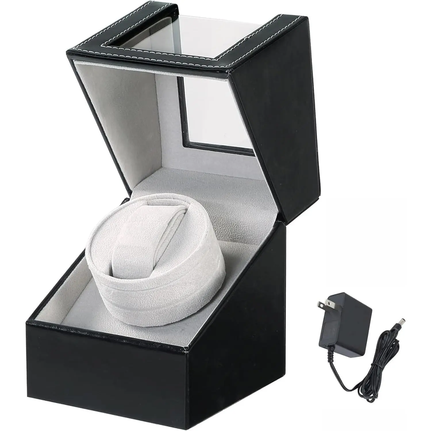 Automatic Single Watch Winder in Black Leather with Quiet Motor Watch Display Case Storage Box Fits Lady and Man Automatic Watch, AC Adapter or Battery Powered