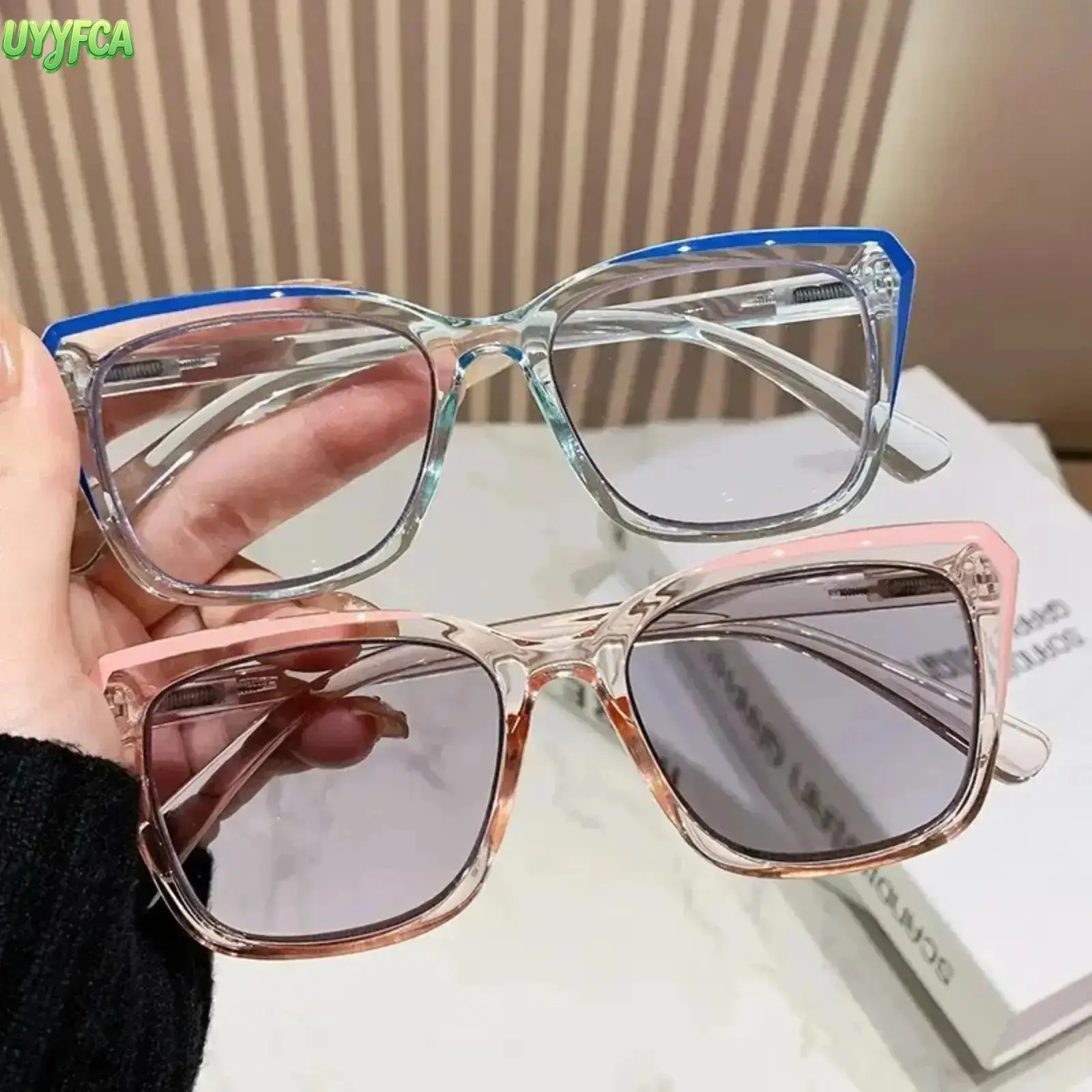Two-Tone Transparent Square Photochromic Glasses For Women, Cat Edge Progressive Dual Vision Eyeglasses, Lightweight TR Frame Fashion Eyewear, Multi Pastel Color Option For Daily Driving Shopping Outdoor Daily Matching