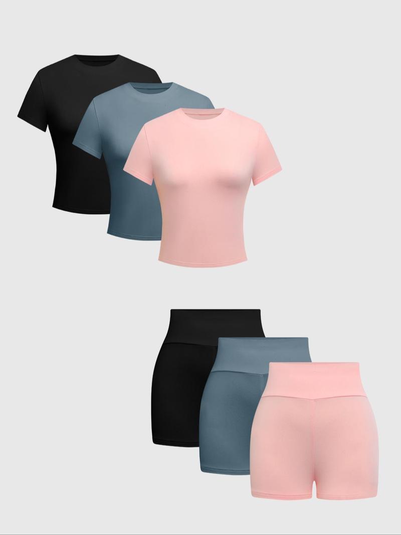 Women's  Solid Round Neck Tee & Skinny Shorts Set, Casual Short Sleeve T-shirt & Short Leggings, Ladies Summer Clothes