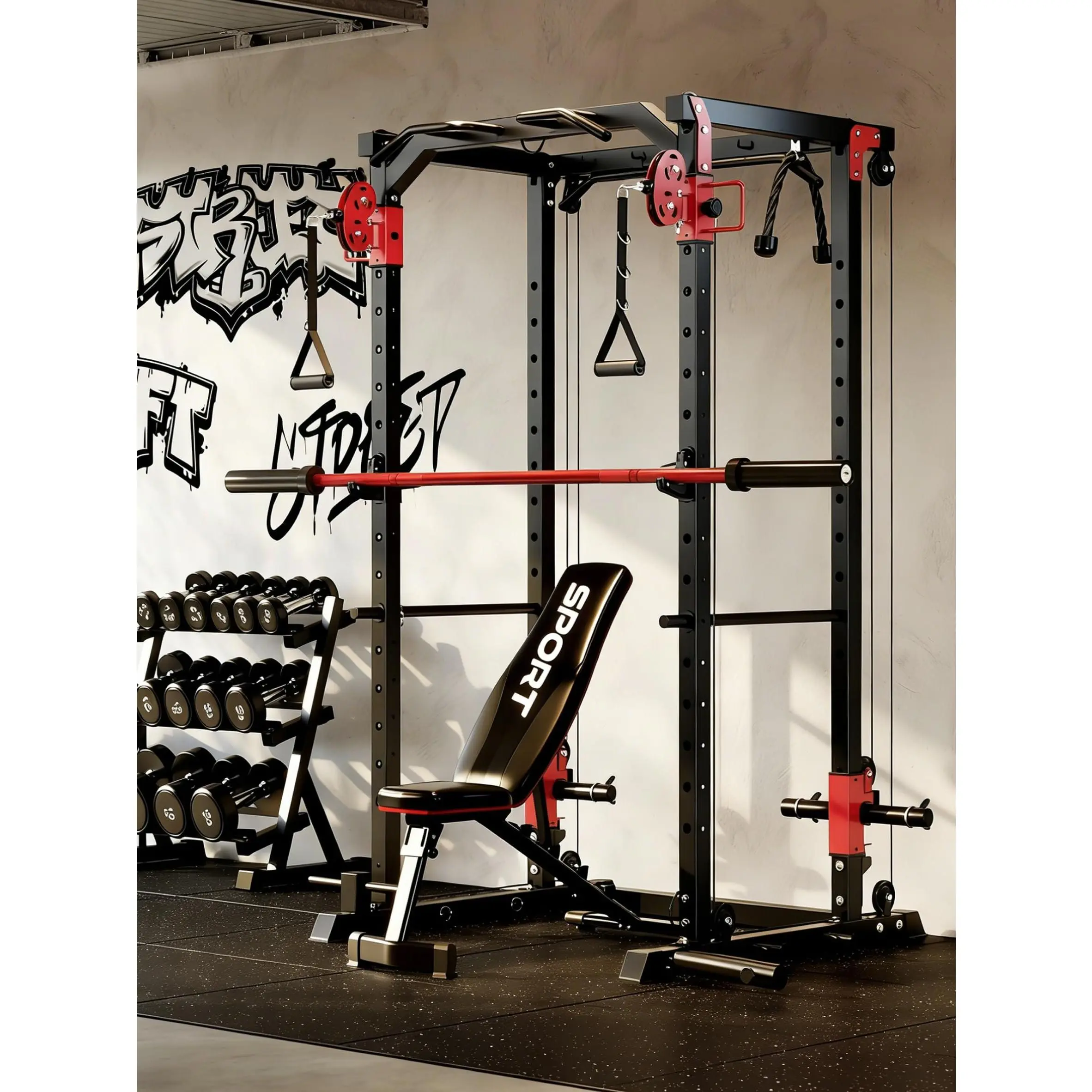 Power Cage, Multi-Functional Power Racks for Home Gym with Dual Pulley Systems, 1200 LBS Weight Capacity Fitness Squat Rack for Strength Workout with More Training Attachment, Red