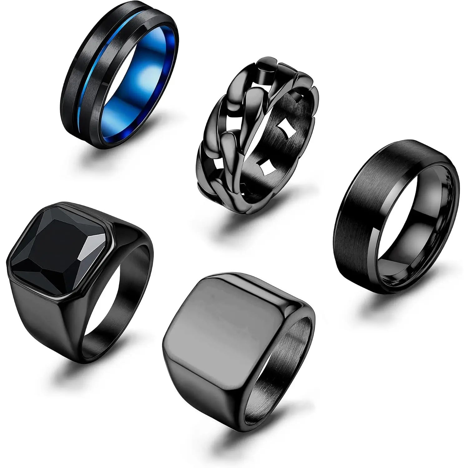 Men Stainless Steel Ring Set Size 7-13, Black Onyx Chunky Signet Rings, Punk Chain Cool Wedding Bands Male Fashion Jewelry