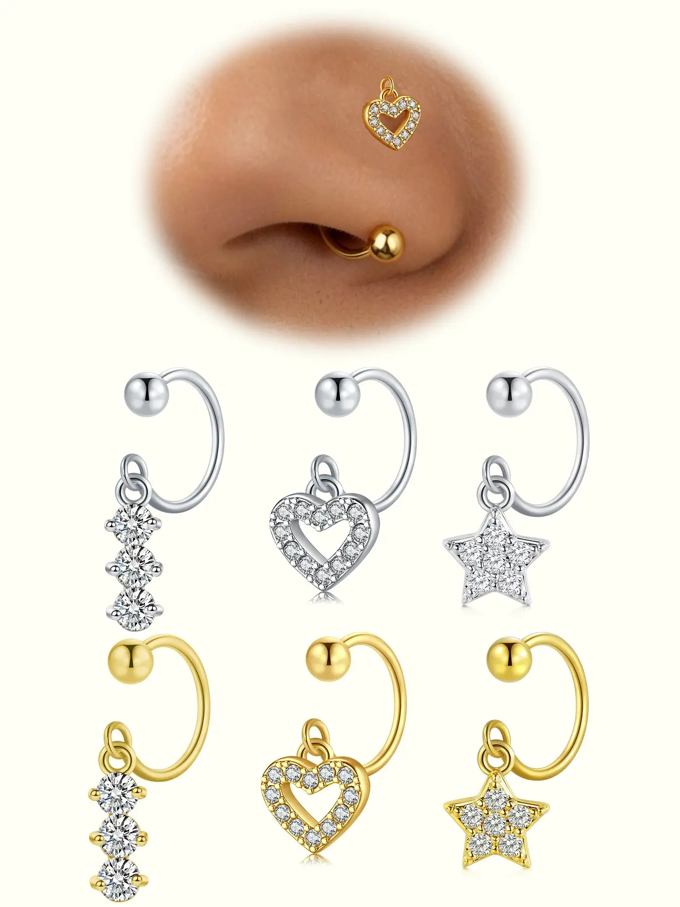 Dangling Horseshoe Nose Ring, 20g Hypoallergenic Stainless Steel, Heart-Shaped Design, Party Style, Daily Wear, All Seasons, Dangle Nose Ring Jewelry