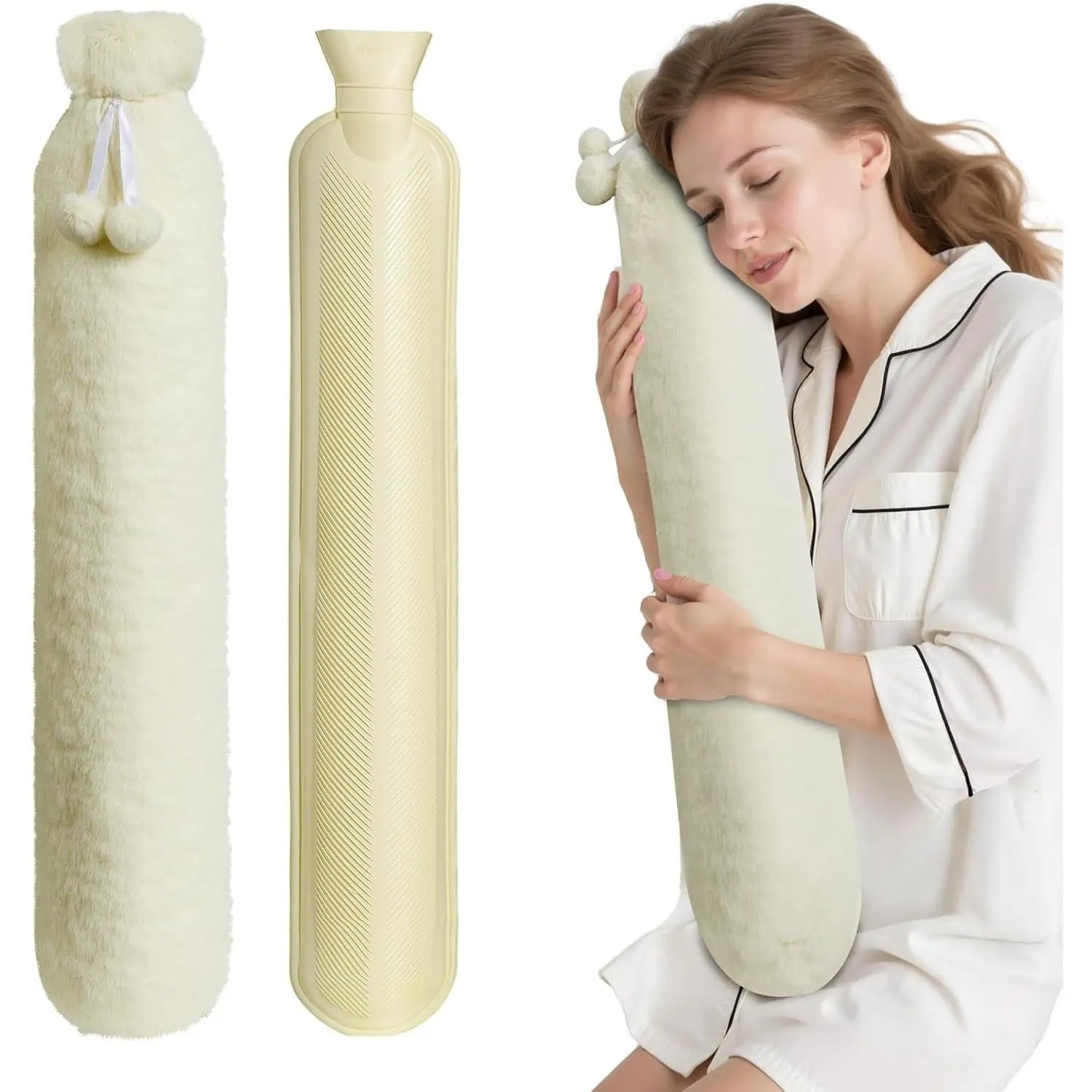 2L Rubber Hot Water Bottle with Soft Removable Cover, Hot Cold Pack for Cramps Compress Pain Relief, Beige