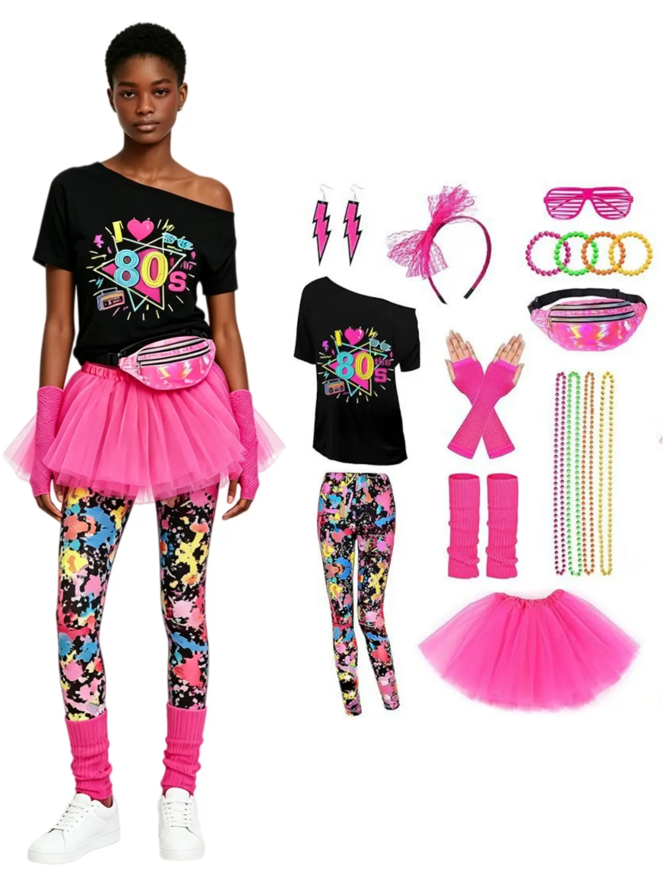 80s Retro Party Costume Off Shoulder T Shirt Leopard Pants With Fanny Pack Headband Gloves Leg Warmers Full Set