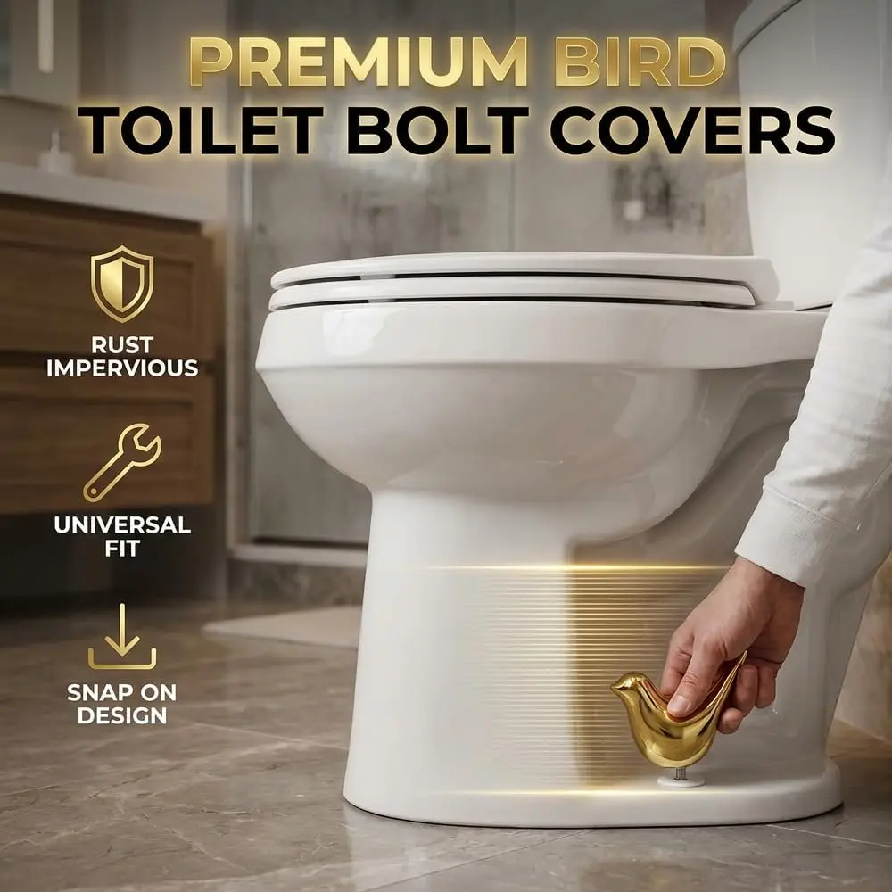 Ceramic Bird Toilet Bolt Covers Decorative Toilet Bolt Caps,Set of 2 Toilet Caps for Bottom of Toilet, Toilet Screw Cover Caps for Bolts Bathroom Decor Acessories, Easy Installation (Gold)