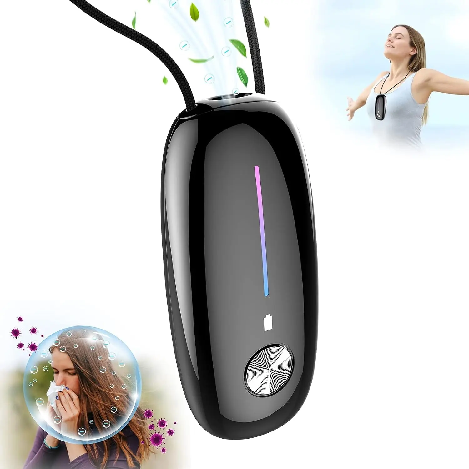 Portable Air Purifier, Personal Air Purifier Necklace, Wearable Mini Air Ionizer Eliminates Pollen,Smoke,Dust for Outdoor,Travel(Black)