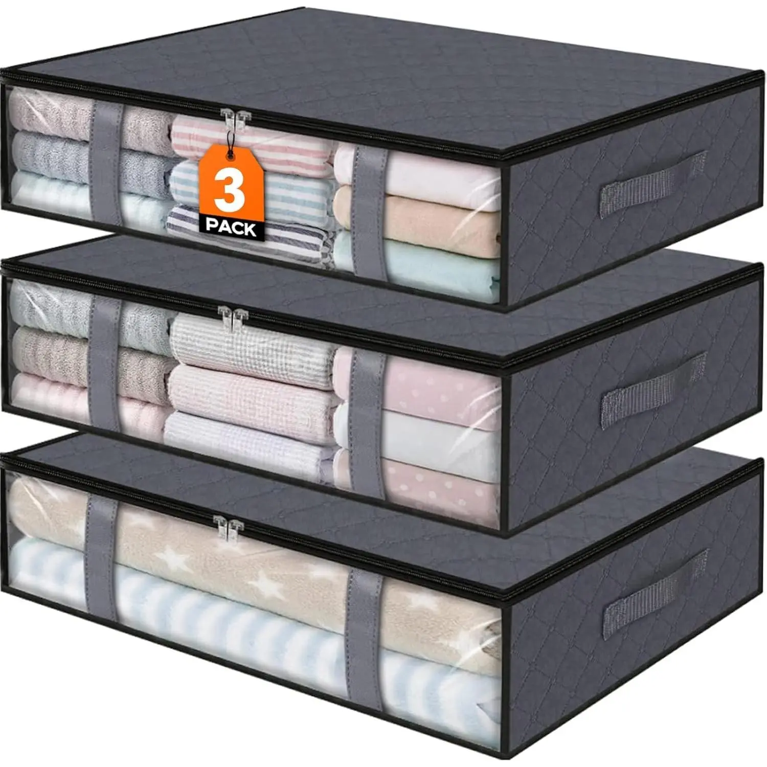 Under Bed Storage Bags 3 Pack, 40L Large Clothes & Comforter Storage Containers with Clear Window, Breathable Fabric Organizer for Blankets, Bedding, Seasonal Clothing