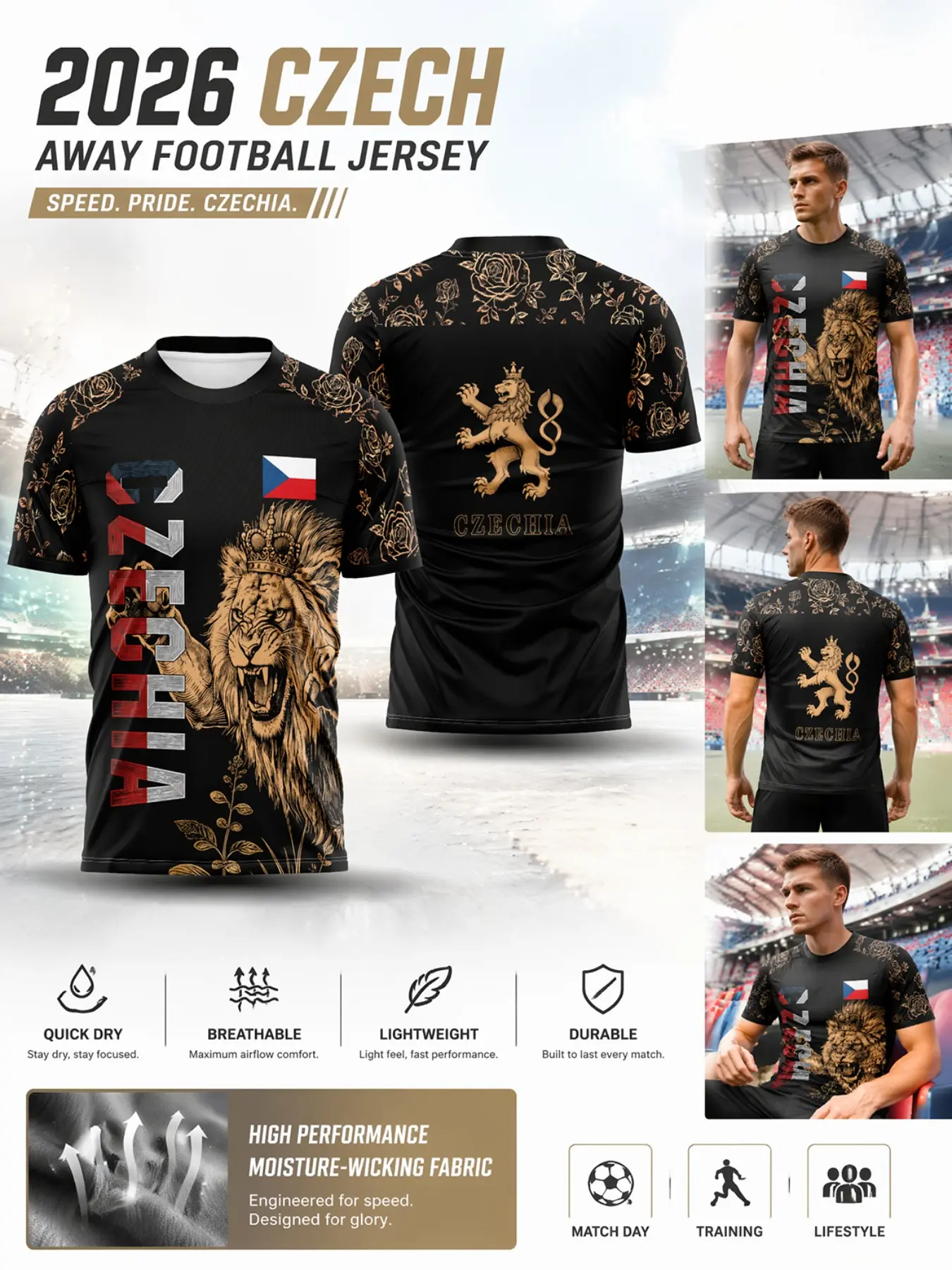 2026 Czech Traditional Football Jersey, Quick-Dry Breathable Mesh, Slim Fit Sporty Tee, Lion Crown Rose Print, Ideal for Czech Fans