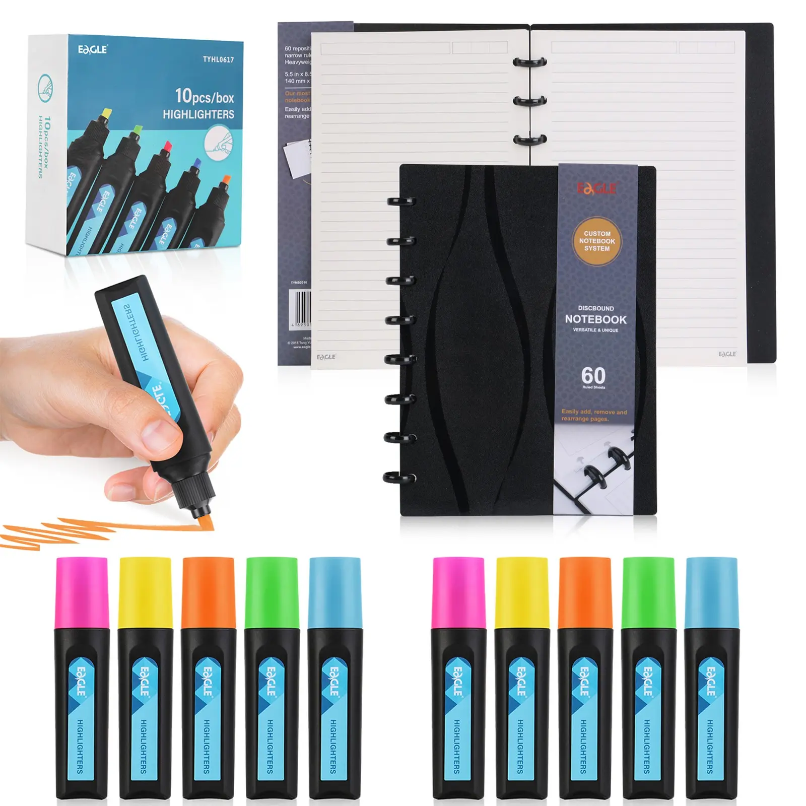Notebook and Color Marker Set with Refillable Pages, Mushroom Hole Loose-Leaf Notebook with 60 Pages, Flexible Writing for Back-To-School Stationery