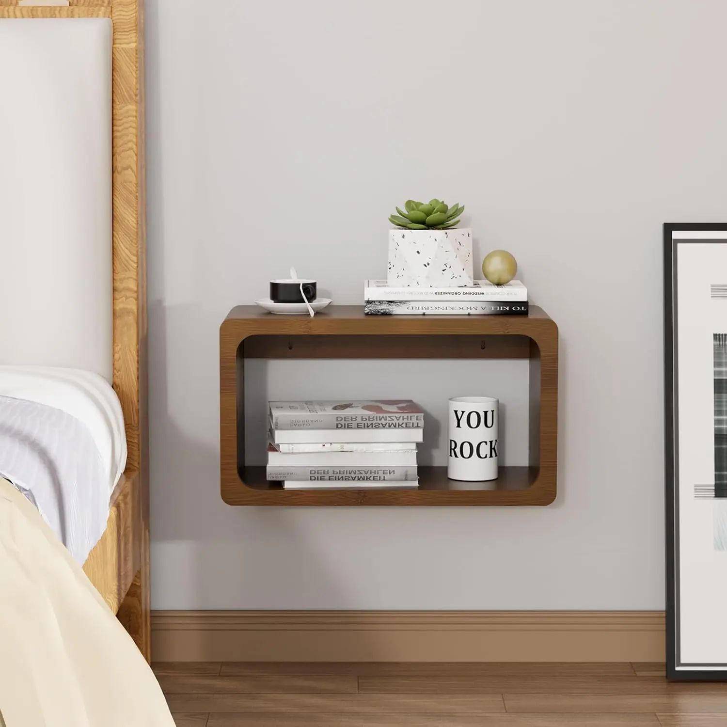 Bamboo Floating Nightstand with Storage Drawer and Modern Open Shelf Cubby,Bedroom, Living Room, Kitchen, Tool Room for use.(Brown, Prepare for Departure)