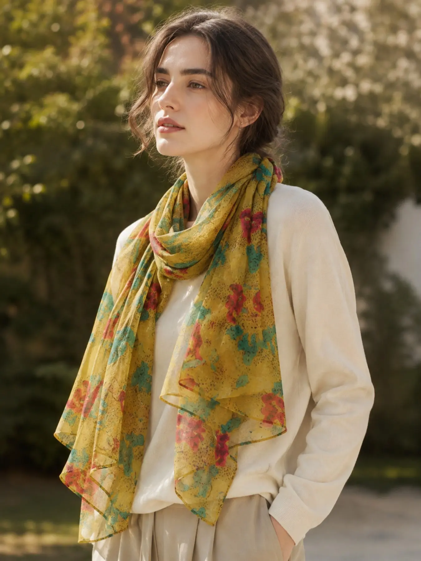 Vintage Floral Print Long Headscarf, Lightweight Breathable Chiffon Scarf, Versatile Ethnic Style Hair Wrap, Single Piece