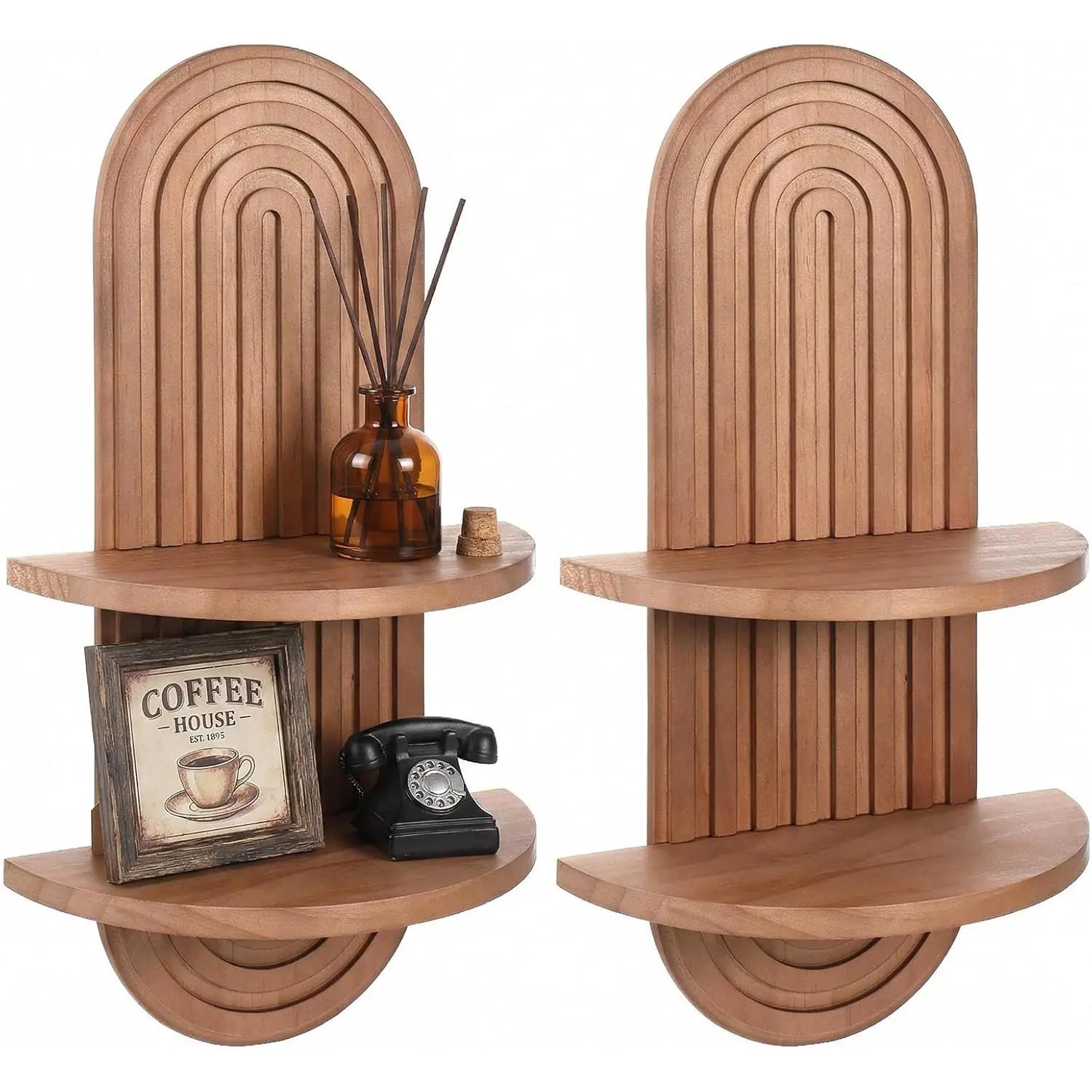Set of 2 Boho Floating Shelves for Wall, Mid-Century Arch Wooden Hanging Shelf with Rattan Accent, Vintage Bohemian Wall Decor for Living Room, Bedroom, Bathroom (Brown)