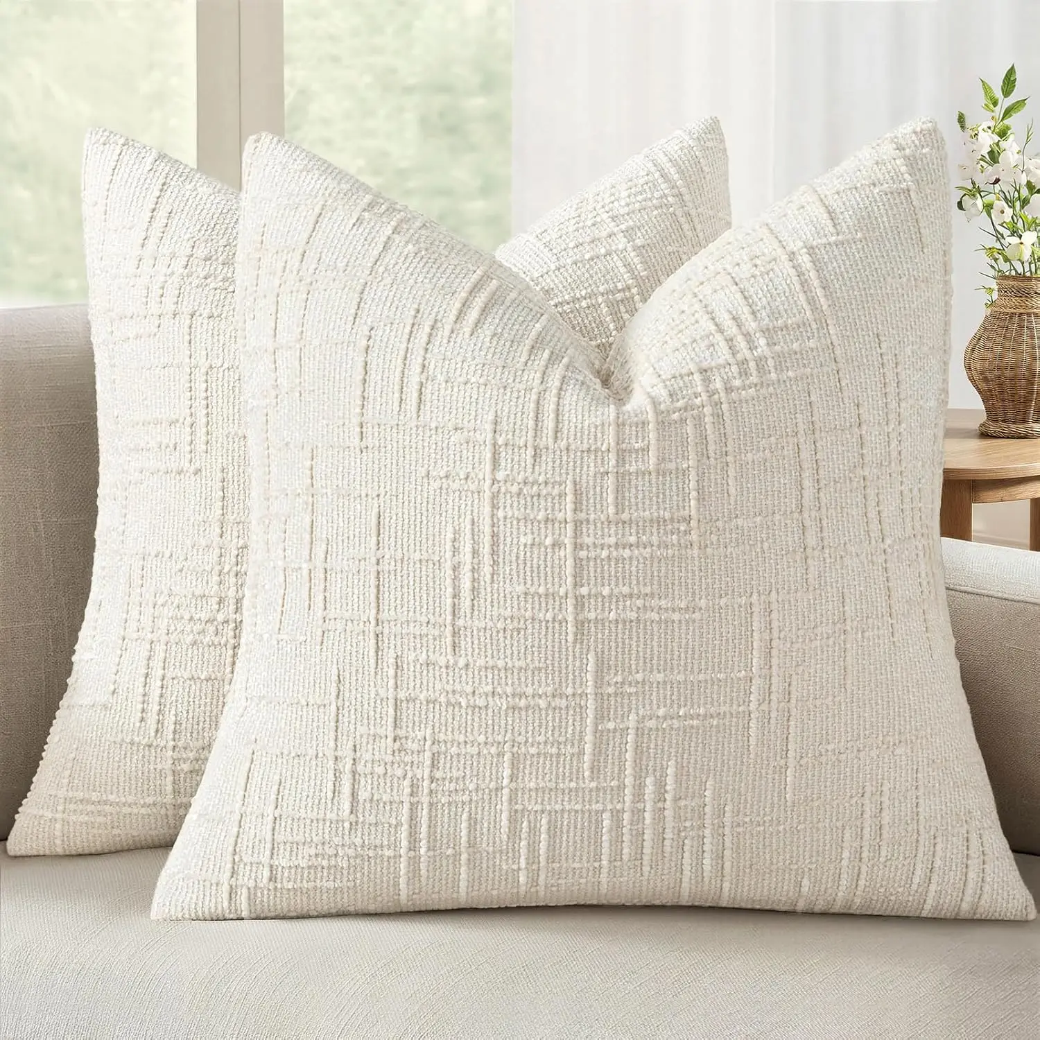 Slubby Textured White Removable Cushion Covers, 18x18 in Set of 2, Boho Farmhouse Home Decor for Couch, Sofa, Bed