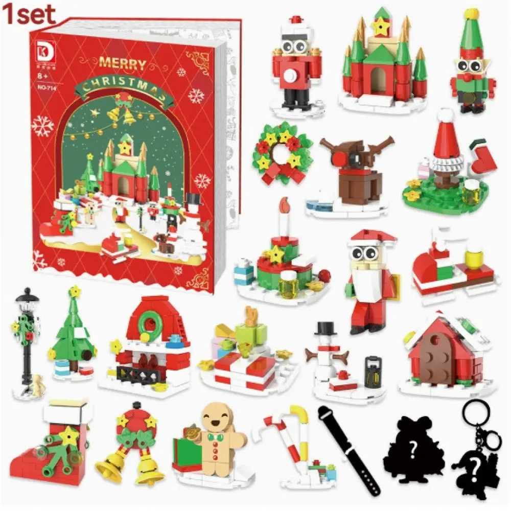 1 Set Christmas Building Blocks Advent Calendar, Whimsical Storybook Holiday Style 24 Days Countdown Blind Box with Mini Nutcracker Santa Castle Bricks & Keychains, Creative STEM Assembly Daily Toys Gift for Kids Teens Xmas