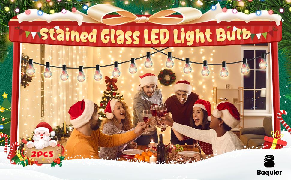PLL 2 Pcs Stained Glass LED Light Bulb E26 Base Colorful Lightbulb 120V Flickering Lightbulb Bulbs for Christmas Xmas Home Balcony Party Decoration (A60)
