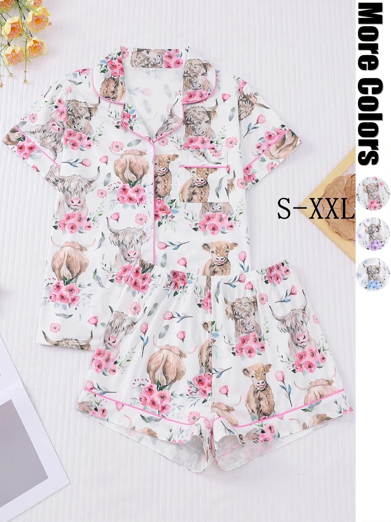 Women's All-Over Cow-Print Contrast-Trim Shirt & Elastic-Waist Shorts Pajama Loungewear Set, Casual Comfy Short Sleeve Collared Top & Shorts PJ Two-Piece Set