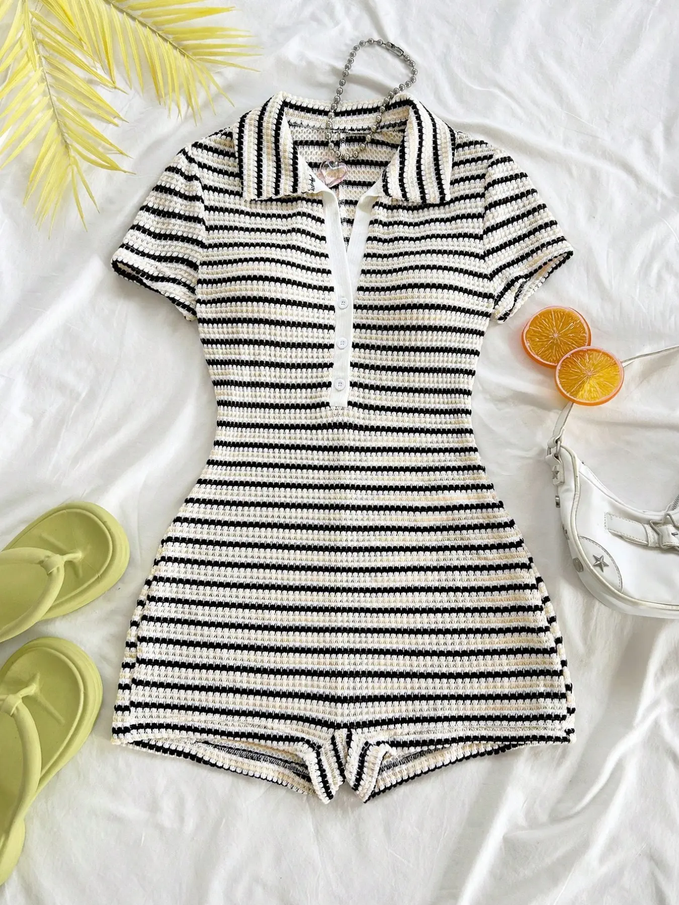 Women's Lapel Button Front Short Sleeve Striped Shorts Romper, Stylish Casual, Comfortable and Trendy, Perfect for Daily Wear