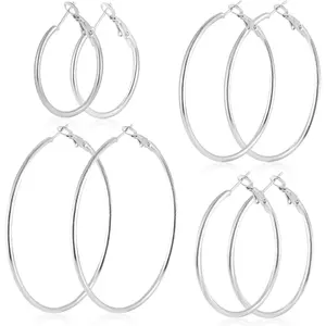 4 Pairs Stainless Steel 30/40/50/60 mm Silver 14K Gold Plated Hoop Earrings for Women Hypoallergenic Big Thin Lightweight Dangle SetGift.