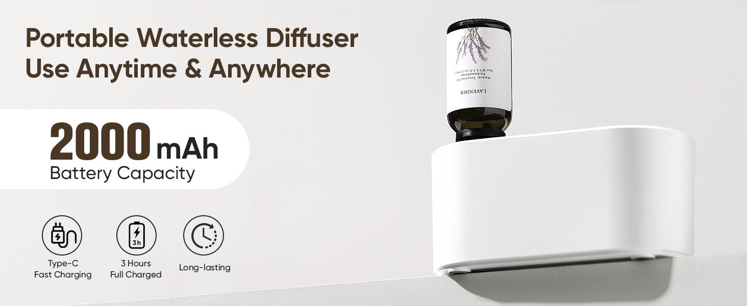 ZY Waterless Diffuser for Essential Oil, Battery Operated Scent Air Aromatherapy Diffuser, Mini Portable Aroma Diffusers with 3 Mist Modes, Cycle Start, for 400 sq.ft Room Home Office Bedroom