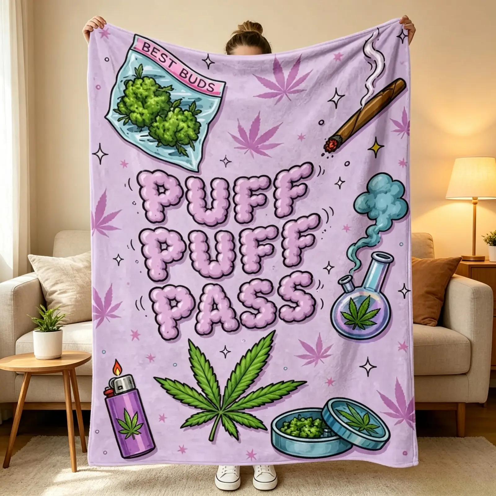 Anti-Shedding Viral Puff Puff Pass Flannel Throw Blanket - Pastel Purple Full HD Cannabis Leaf Cartoon Print, Soft Cozy Cannabis Culture Stoner Aesthetic, Sofa Bed Cover, 420 Holiday Gift
