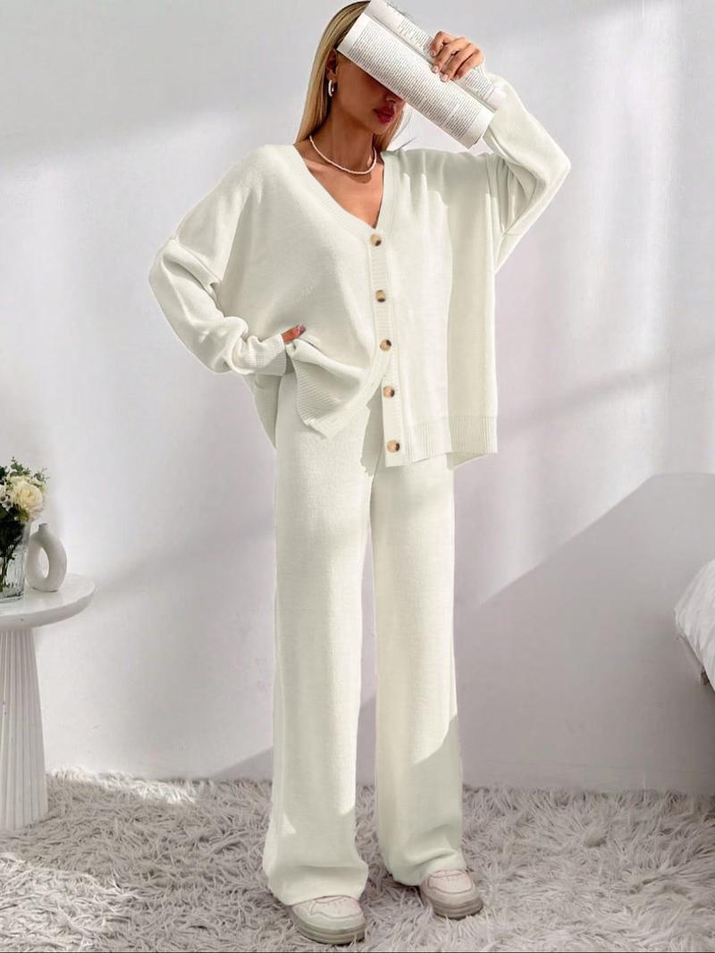 Women's Solid Button Front Drop Shoulder V Neck Cardigan & Elastic Waist Wide Leg Pants Two-piece Set, Casual Fashion Cozy Knitwear Set for Daily Outdoor Wear, Women's Knitwear for Fall & Winter Women's Solid Button Front Drop Shoulder V Neck Cardigan & Elastic Waist Wide Leg Pants Two-piece Set, Casual Fashion Cozy Knitwear Set for Daily Outdoor Wear, Women's Knitwear for Fall & Winter
