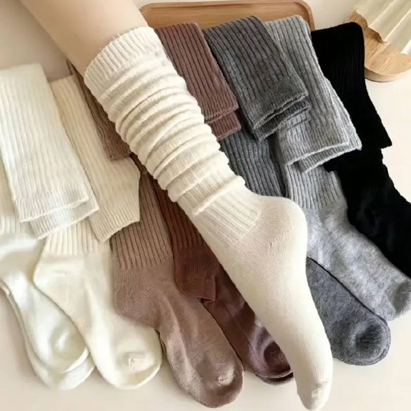 5 Pairs Women's Comfortable Casual Socks, Soft Comfy Socks, Thick Warm Mid-Calf Boot Socks, Solid & Striped Design, Soft Elastic Fabric, Winter Wear, Sohochic Style
